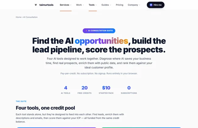 AI Consultation Suite dashboard with the AI Opportunity Audit and lead tools