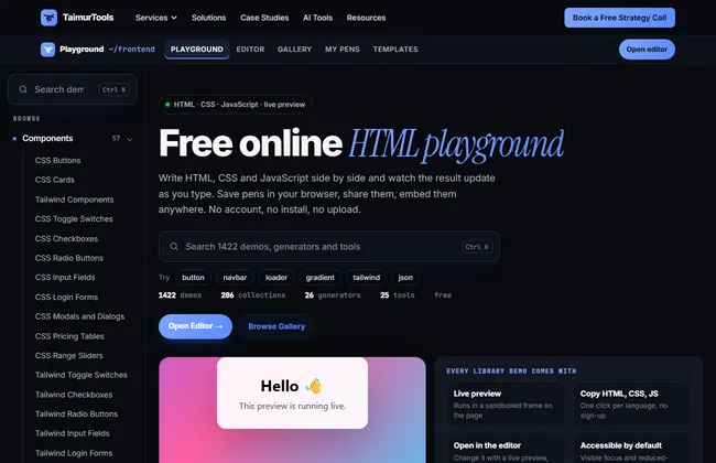 Free online HTML playground with a sidebar library of CSS and Tailwind demos, generators and front-end tools